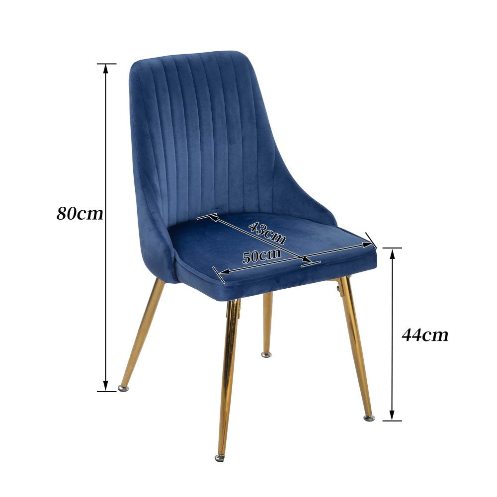 Viva Forever Set of 2 Blue Velvet Dining Chairs â€“ Art Deco Design with Gold Metal Legs