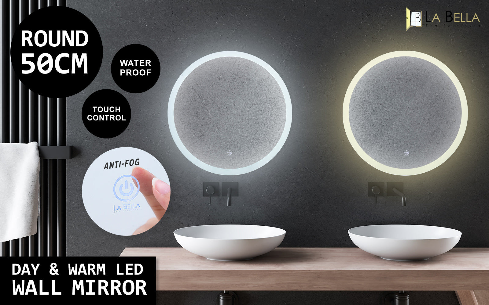 2 Set LED Wall Mirror Round Anti-Fog Bathroom 50cm