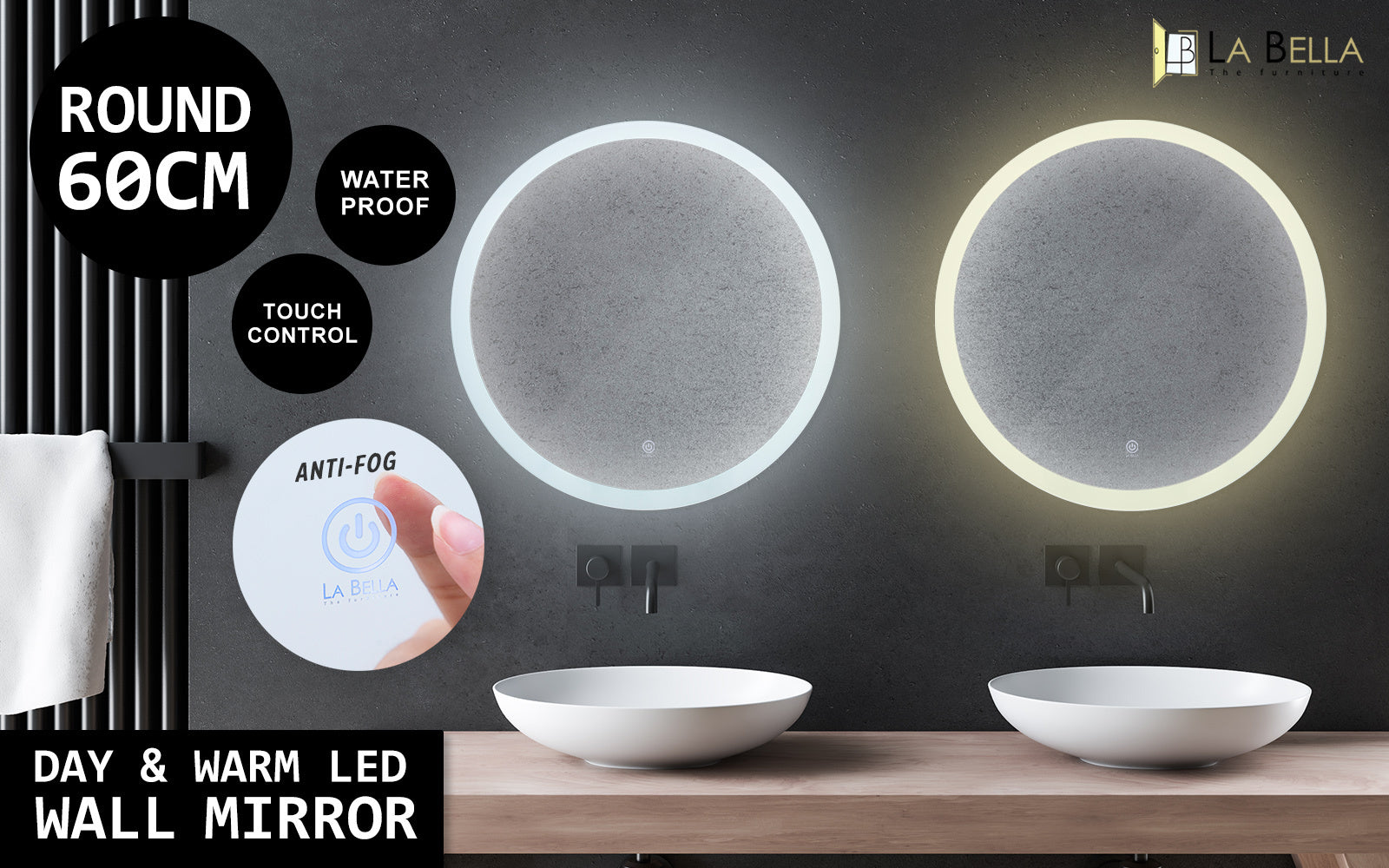 LED Wall Mirror Round Anti-Fog Bathroom 60cm