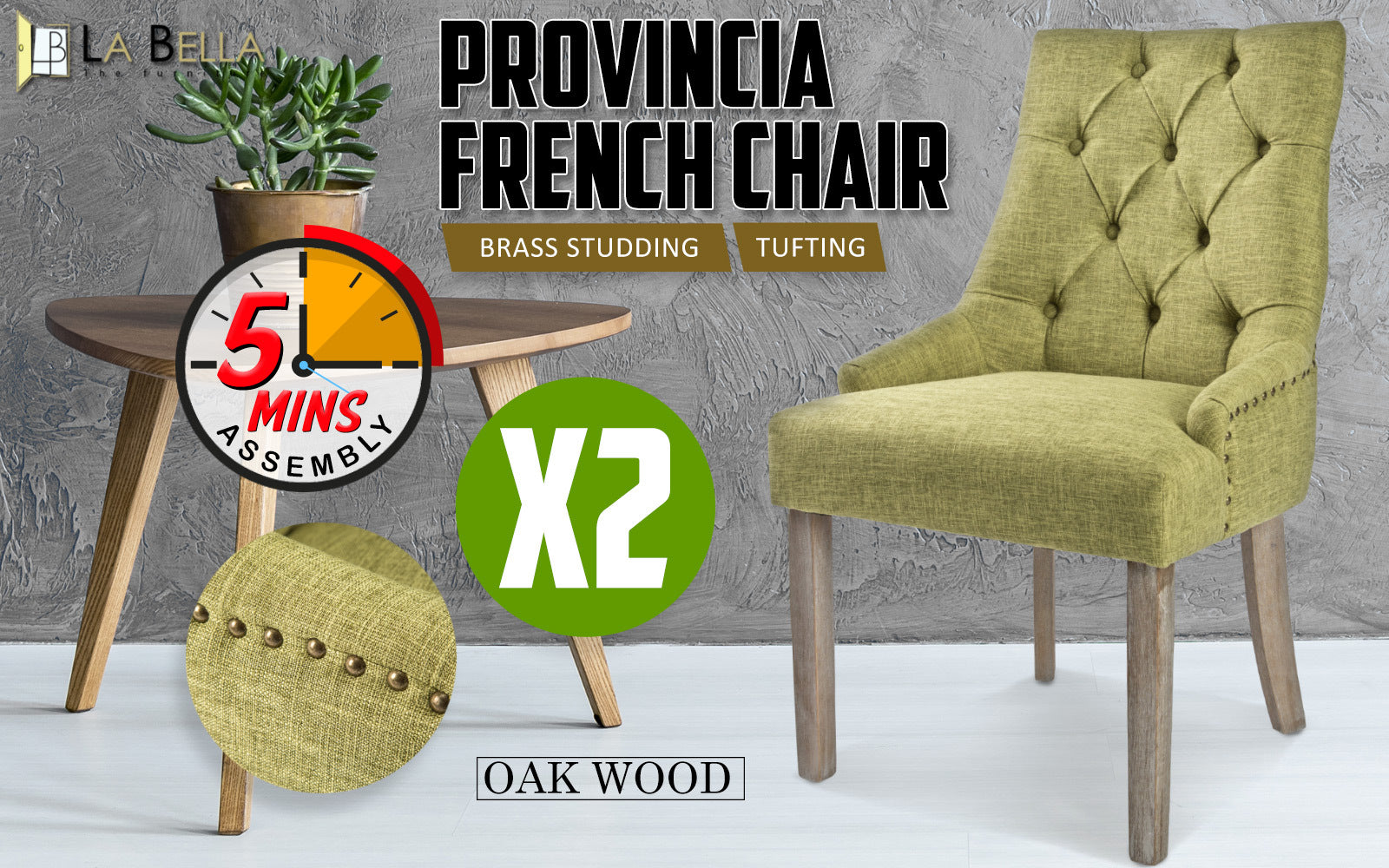 2X French Provincial Dining Chair Oak Leg AMOUR GREEN