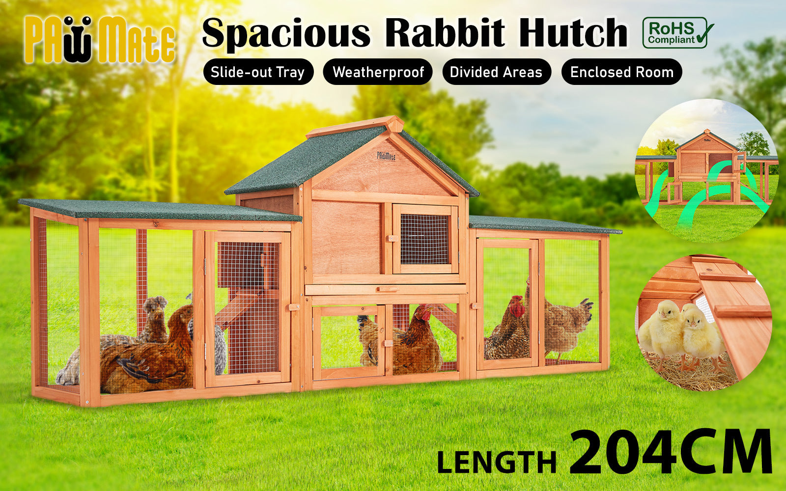 Rabbit Hutch Chicken Coop 204 x 45 x 85cm 2 Storey Cage Mansion