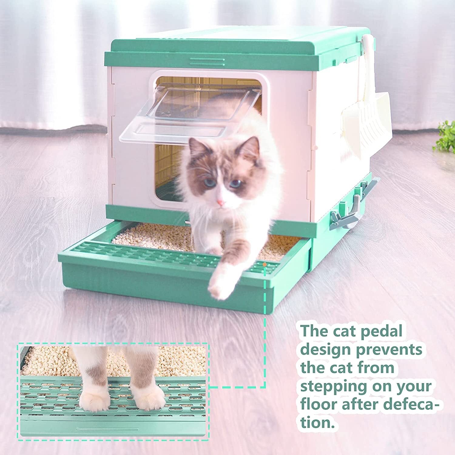 XL Portable Cat Toilet Litter Box Tray Foldable House with Handle and Scoop Green