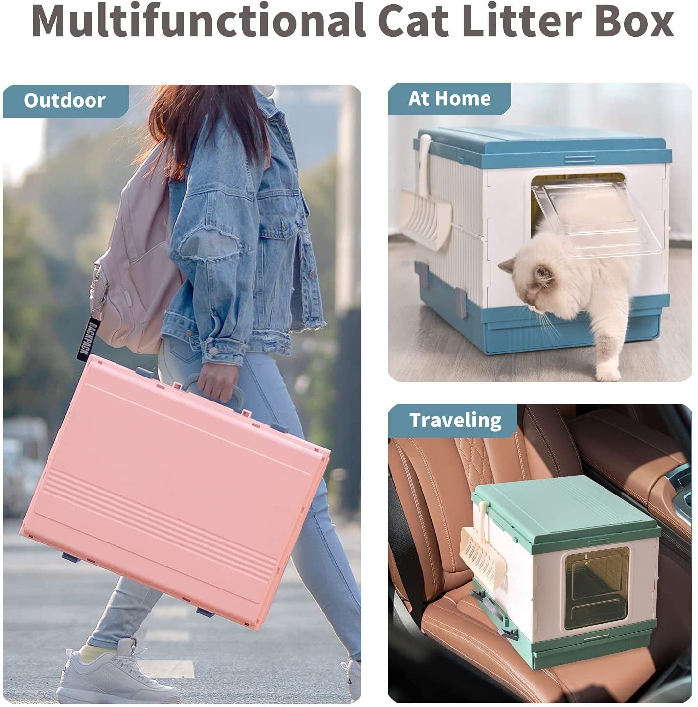 YES4PETS XL Portable Cat Toilet Litter Box Tray Foldable House with Handle and Scoop Pink