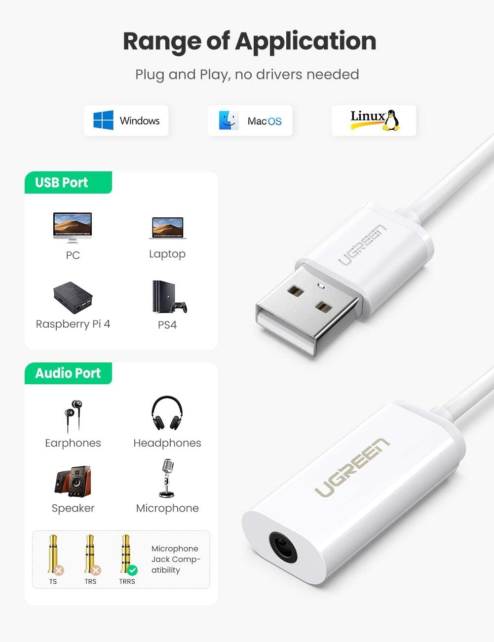 UGREEN USB A Male to 3.5 mm Aux Cable White