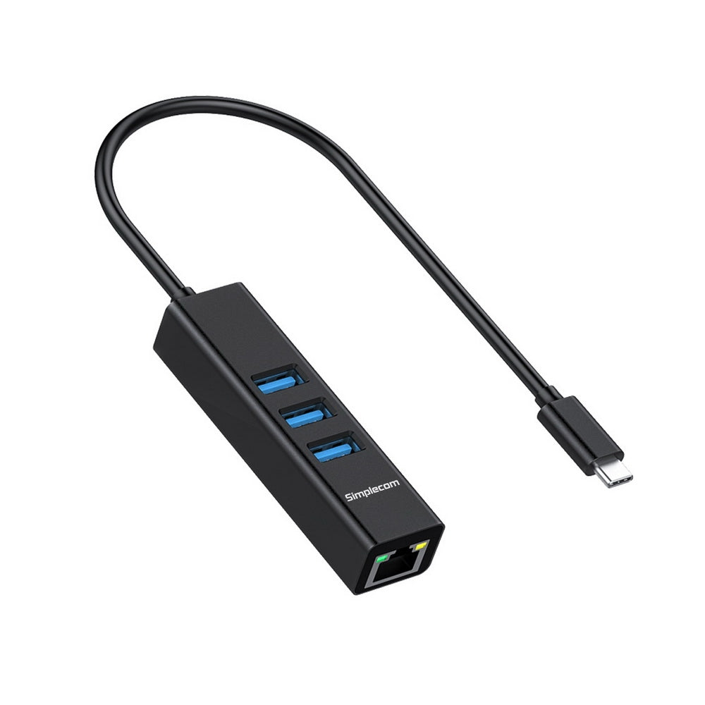 Simplecom CHN421 Aluminium USB-C to 3 Port USB HUB with Gigabit Ethernet Adapter Black