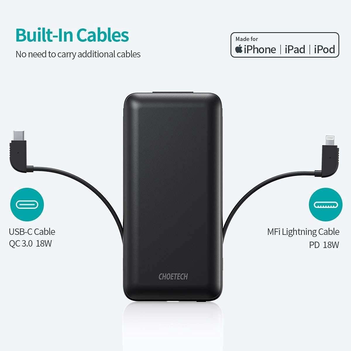 CHOETECH B688-BK 10000mAh MFi Certified PD18W Power Bank with 2 cables