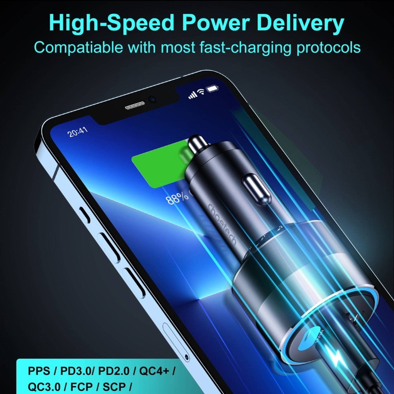 CHOETECH TC0011 130W 3 Ports Dual USB-C Port PD3.0 + USB-A Port Fast Car Charger