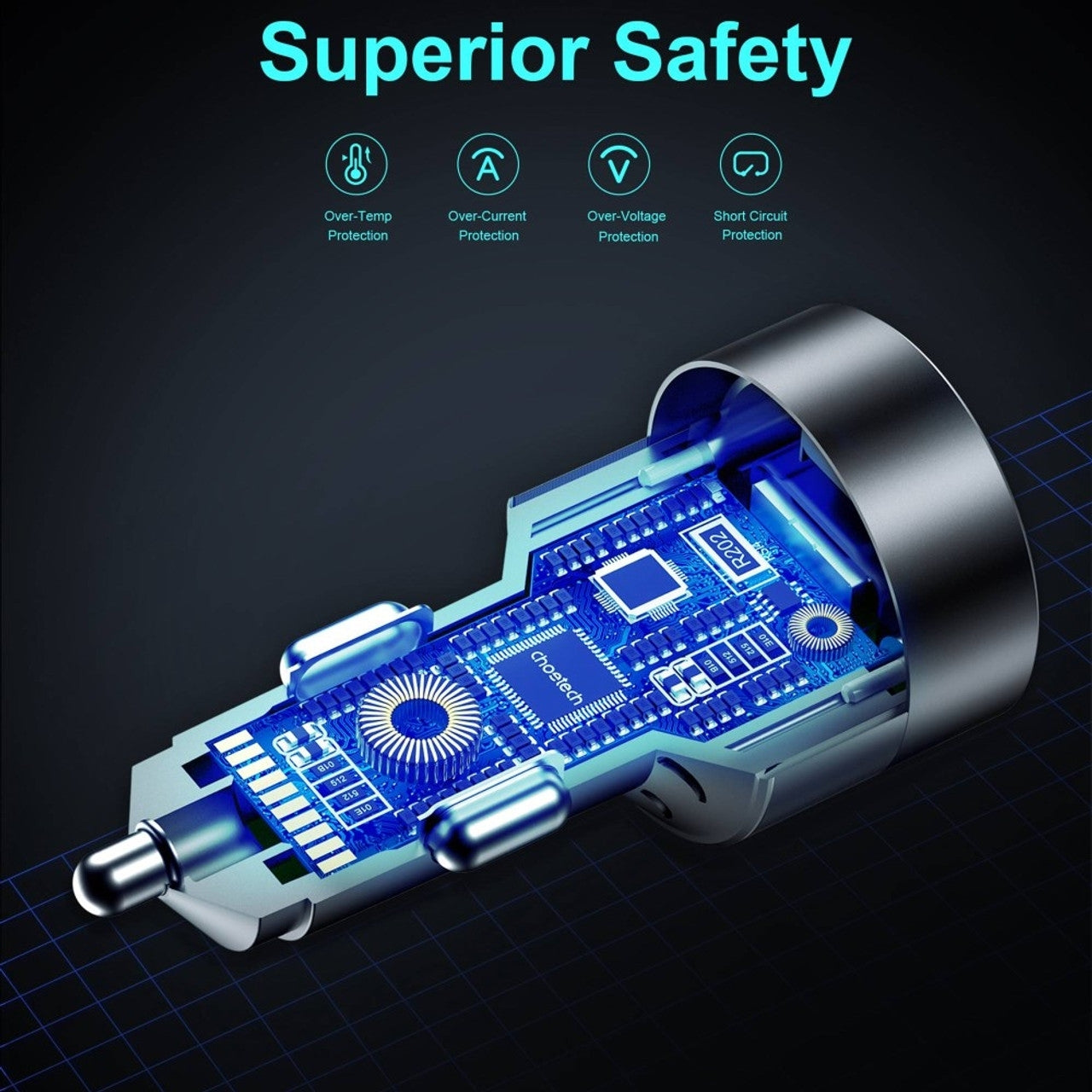 CHOETECH TC0011 130W 3 Ports Dual USB-C Port PD3.0 + USB-A Port Fast Car Charger
