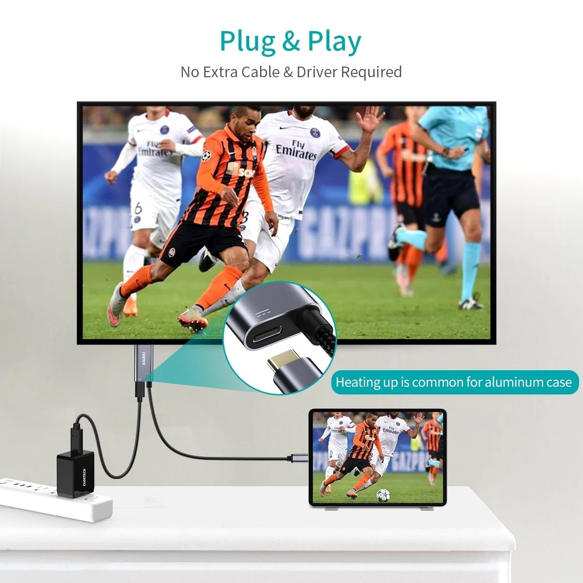 CHOETECH XCH-M180-GY-V2 Unidirectional Adapter USB-C male to HDMI 4K 60Hz male + PD100W Power Delivery 1.8M