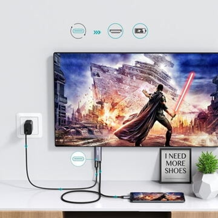 CHOETECH XCH-M180-GY-V2 Unidirectional Adapter USB-C male to HDMI 4K 60Hz male + PD100W Power Delivery 1.8M