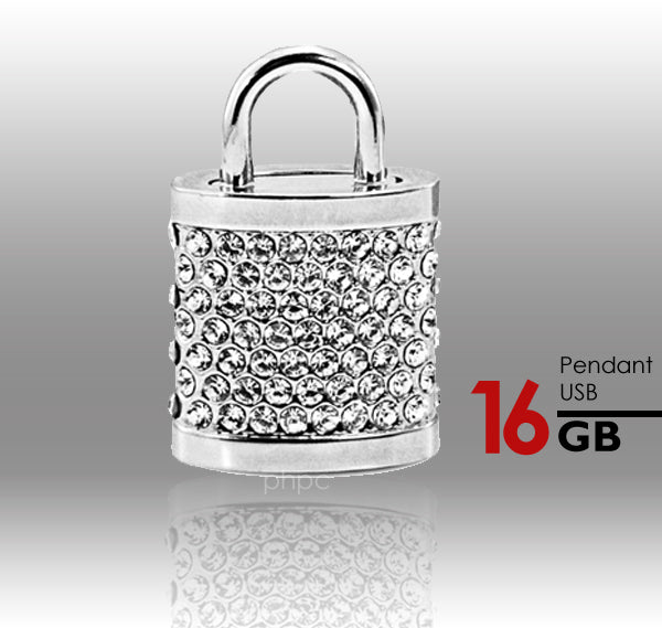 16GB Crystal Lock Pendant USB Flash Drive Pen Stick Memory (Silver)