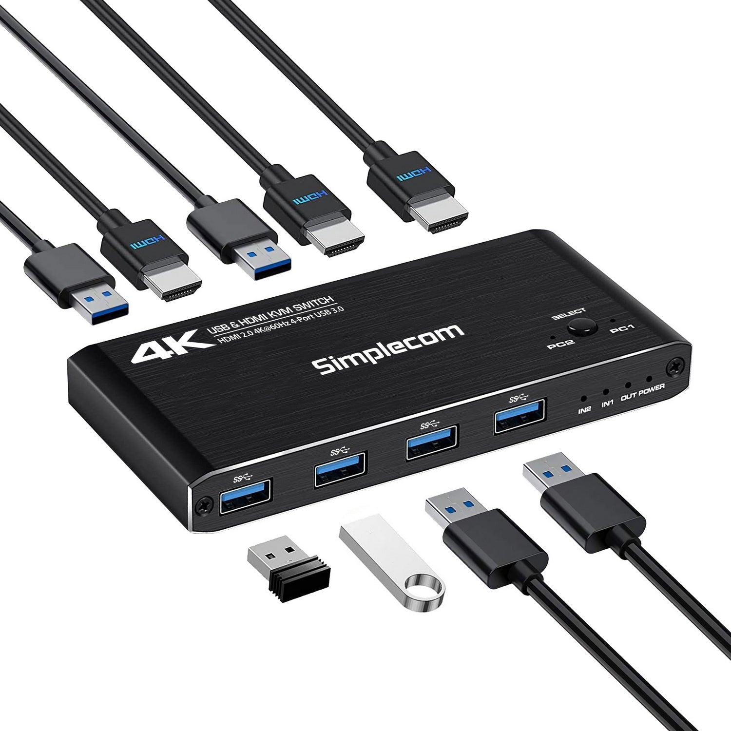 Simplecom KM420 2-Port HDMI KVM Switch HDMI 2.0 4K@60Hz 4-Port USB 3.0 Hub 5Gbps