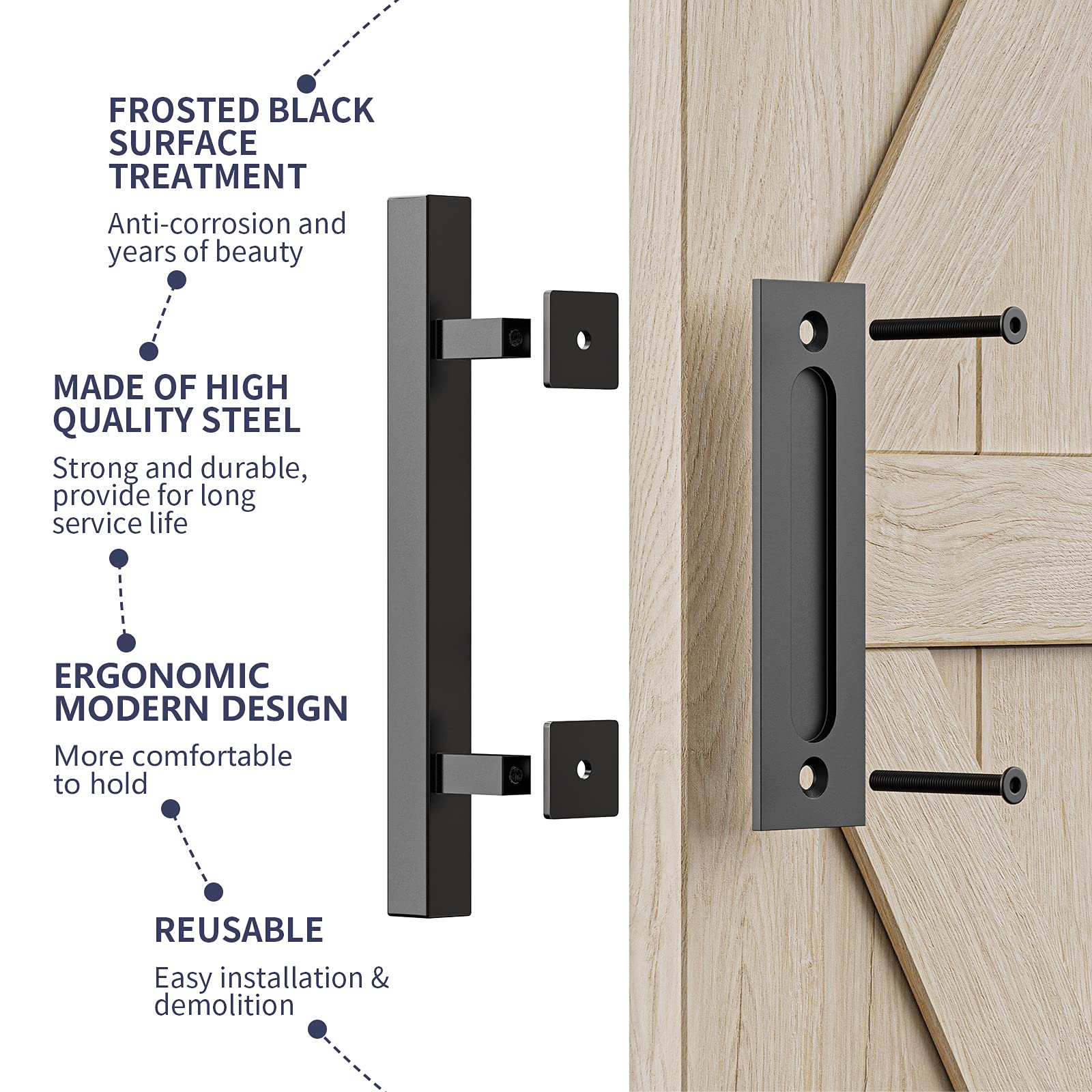 30cm Pull and Flush Barn Door Handle Square Handles set of Frosted Black Surface Square