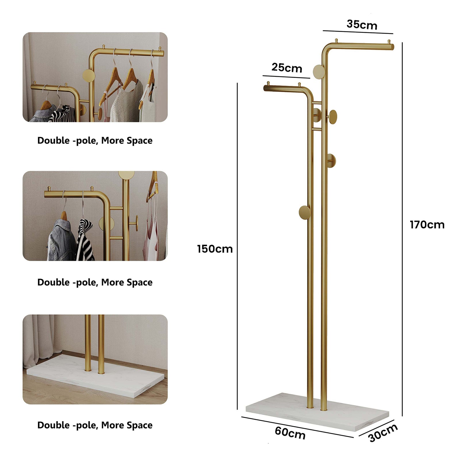 Metal Coat Rack Marble Base Hooks Clothes Coats Bag Tree Hat Display Hanger Stand Organiser 2 Pole