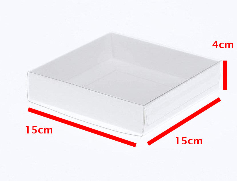 100 Pack of 15cm Square Invitation Coaster Favor Function product Presentation Cookie Biscuit Patisserie Gift Box - 4cm deep - White Card with Clear Slide On PVC Lid