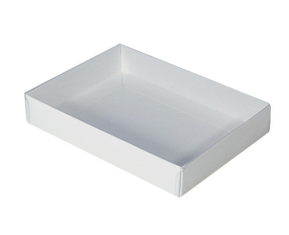 100 Pack of White Card Box - Clear Slide On Lid - 25 x 25 x 6cm - Large Beauty Product Gift Giving Hamper Tray Merch Fashion Cake Sweets Xmas