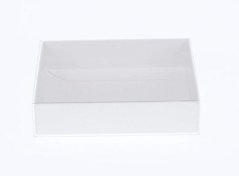 100 Pack of White Card Box - Clear Slide On Lid - 30 x 20 x 8cm -  Large Beauty Product Gift Giving Hamper Tray Merch Fashion Cake Sweets Xmas