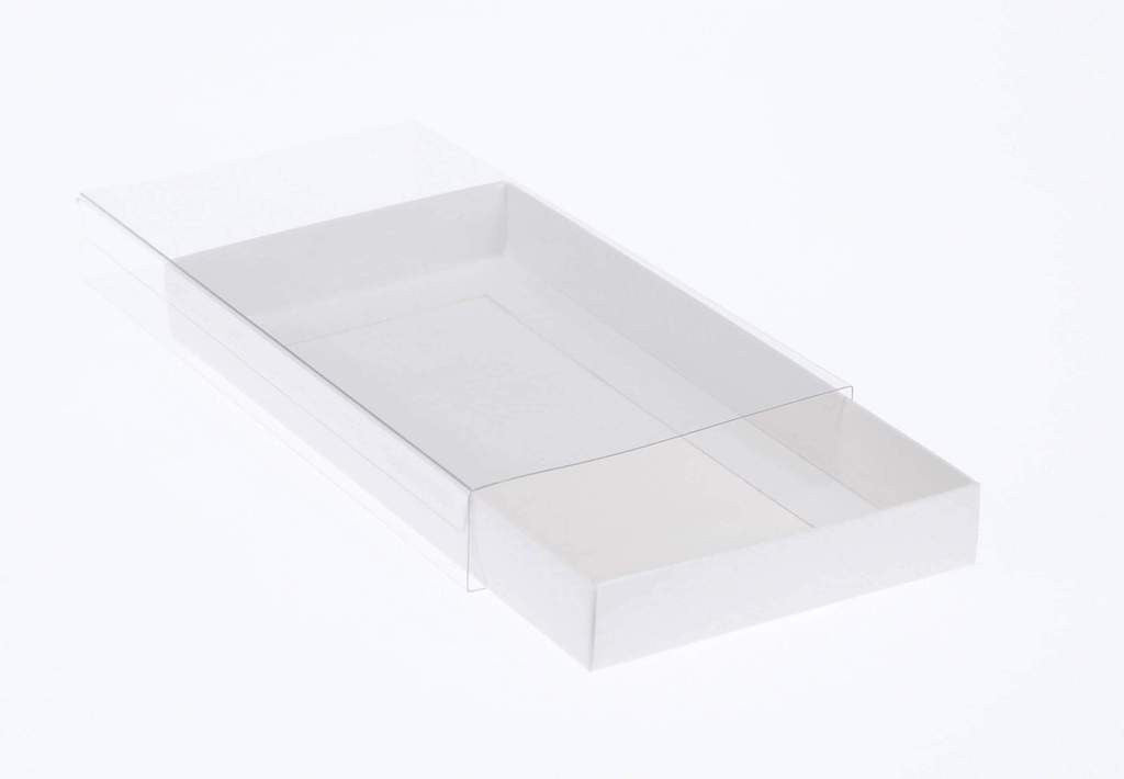 100 Pack of White Card Box - Clear Slide On Lid - 30 x 20 x 8cm -  Large Beauty Product Gift Giving Hamper Tray Merch Fashion Cake Sweets Xmas