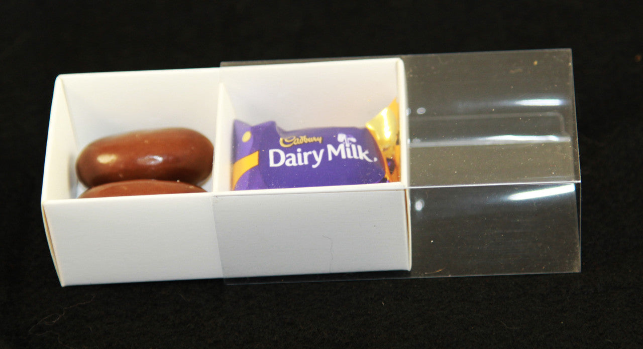 10 Pack of White Card Chocolate Sweet Soap Product Reatail Gift Box - 2 Bay Compartments - Clear Slide On Lid - 8x4x3cm