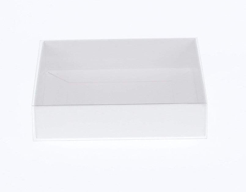 50 Pack of 15cm Square Invitation Coaster Favor Function product Presentation Cookie Biscuit Patisserie Gift Box - 4cm deep - White Card with Clear Slide On PVC Lid