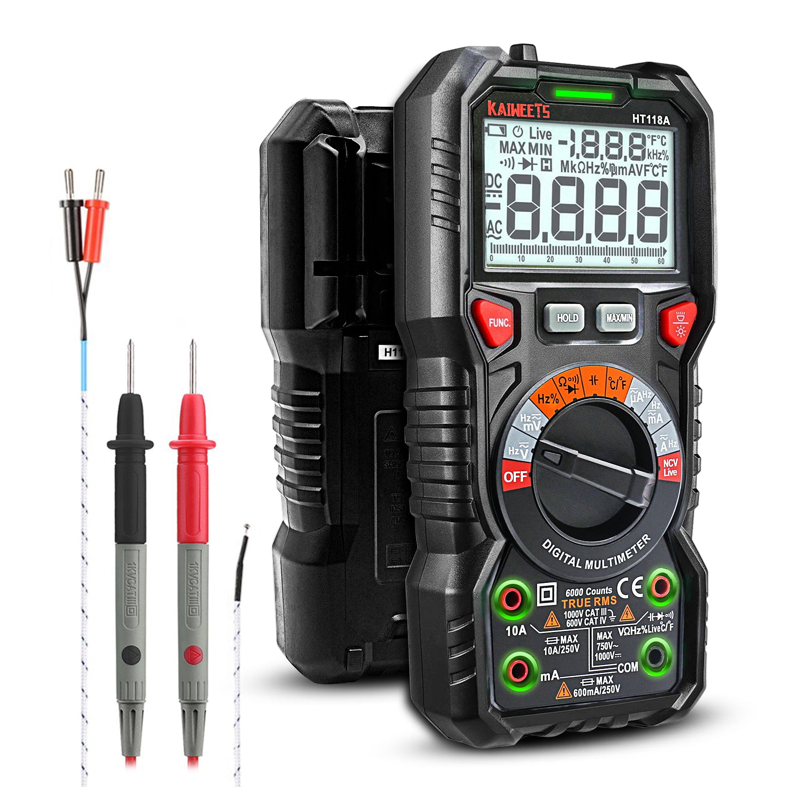 Digital Multimeter TRMS 6000 Counts Voltmeter Auto-Ranging Fast Accurately Measures Voltage Current Amp Resistance Diodes Continuity Duty-Cycle Capacitance Temperature for Automotive