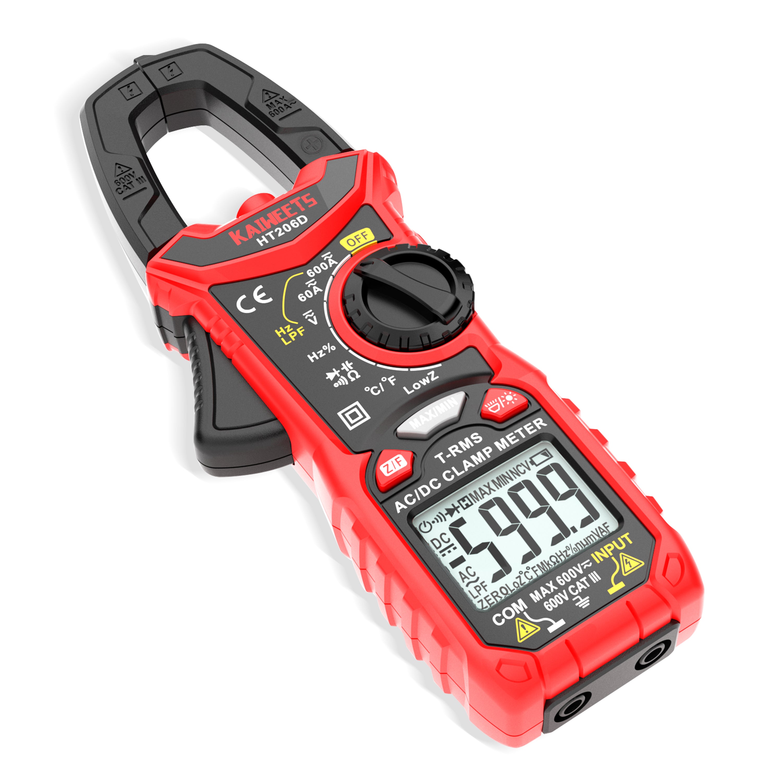 HT206D Digital Clamp Meter T-RMS 6000 Counts, Multimeter Voltage Tester Auto-ranging, Measures Current Voltage Temperature Capacitance Resistance Diodes Continuity Duty-Cycle (AC/DC Current)