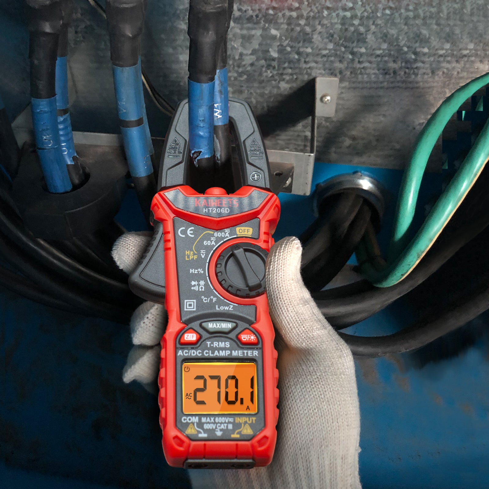 HT206D Digital Clamp Meter T-RMS 6000 Counts, Multimeter Voltage Tester Auto-ranging, Measures Current Voltage Temperature Capacitance Resistance Diodes Continuity Duty-Cycle (AC/DC Current)