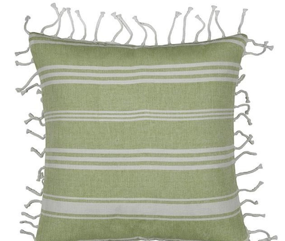Fresh Gre & White Striped Cushion Cover with white knotted edging