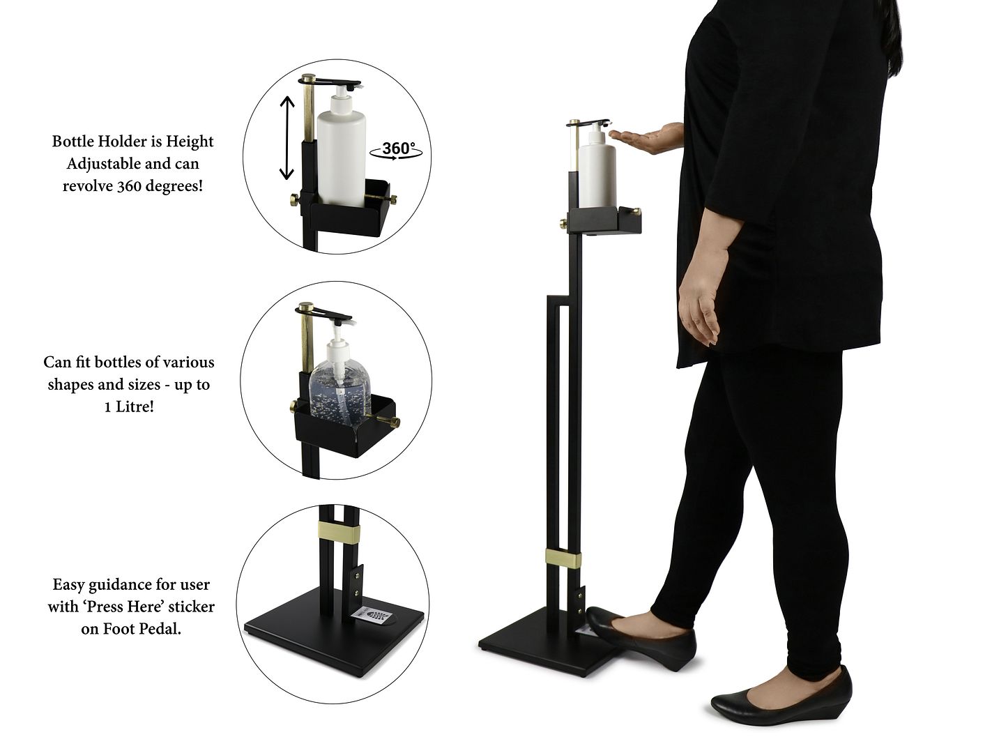 Touch Free Hand Sanitiser Dispenser Station Floor Stand Foot Operated - Gold Black