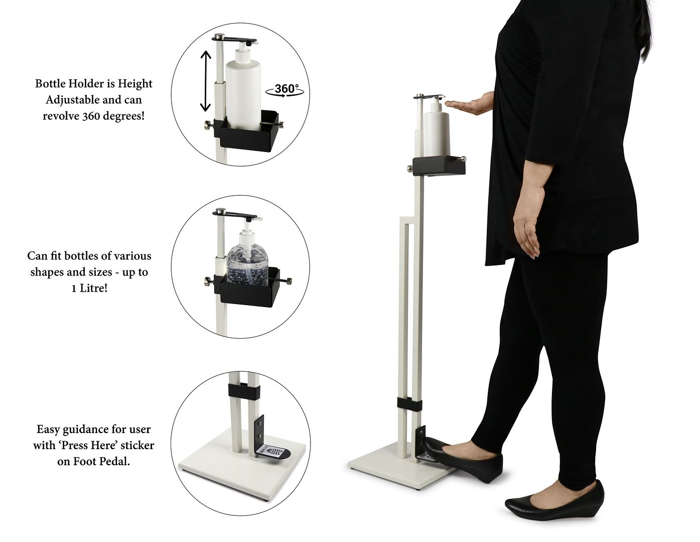 Touch Free Hand Sanitiser Dispenser Station Floor Stand Foot Operated - White Black