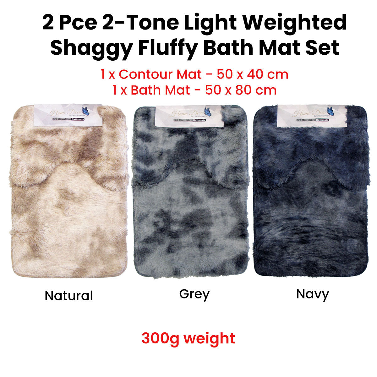 2 Pce 2-Toned Extra Light Weighted Shaggy Fluffy Bath Mat Set Grey