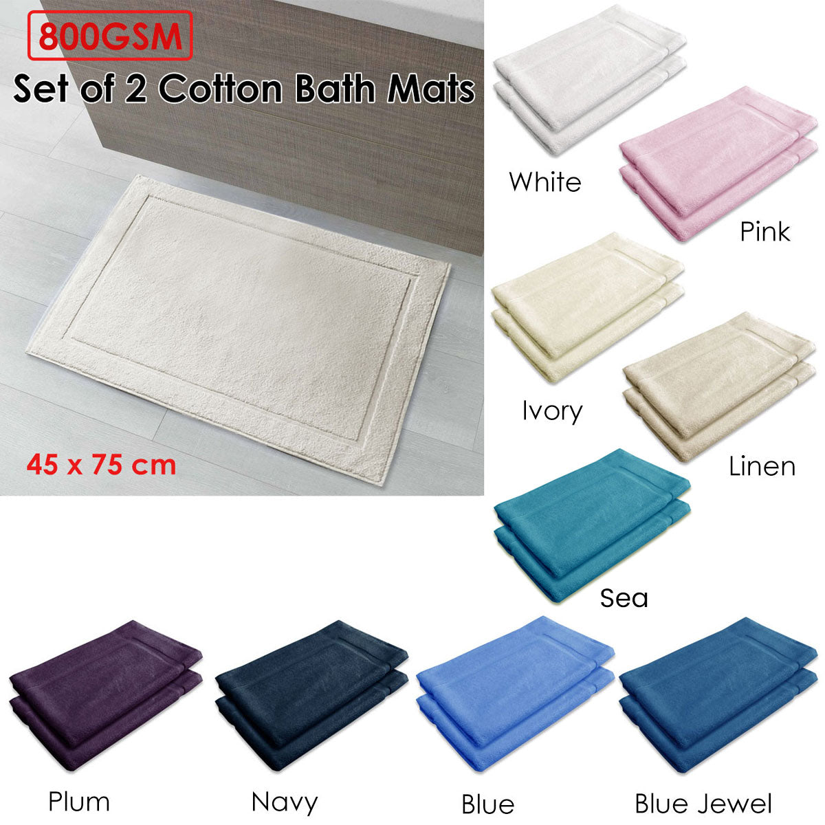 800GSM Set of 2 Cotton Bath Mat Ivory