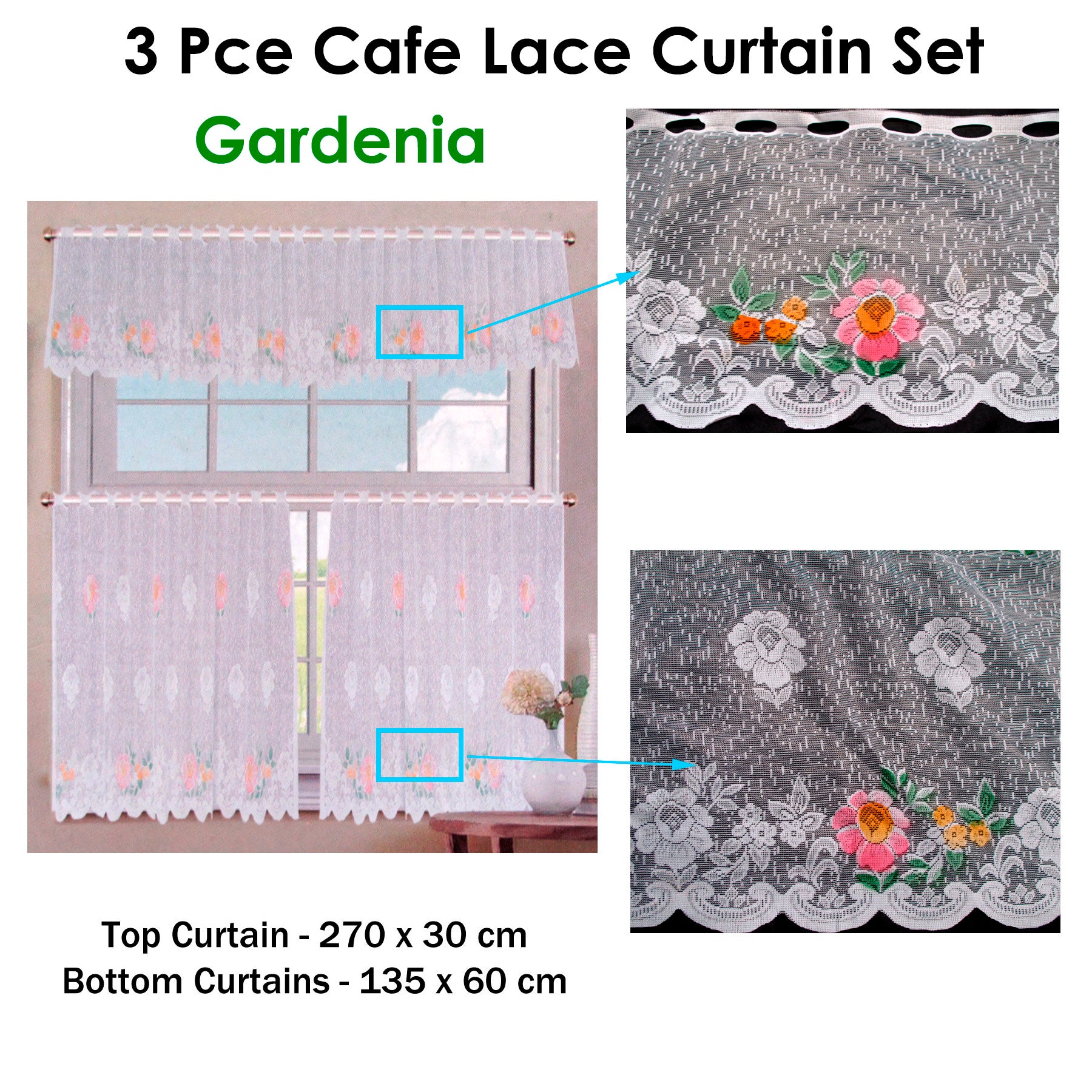 3 Pce Cafe Gardenia Lace Curtain Set