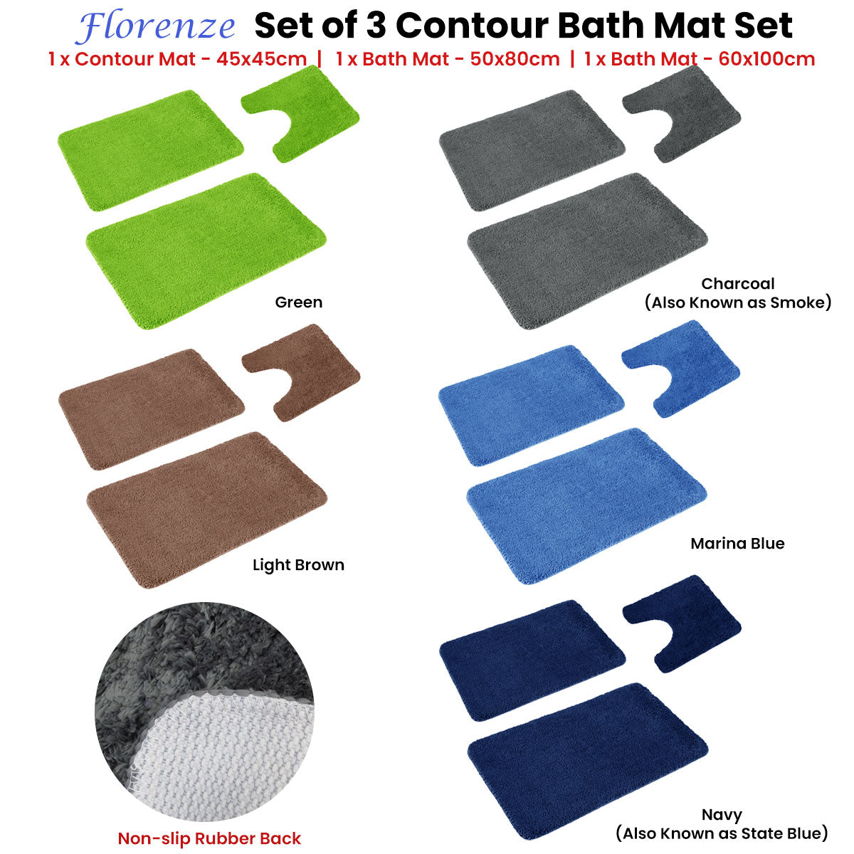Florenz Set of 3 Contour Bath Mat Set Charcoal (Also Known as Smoke)