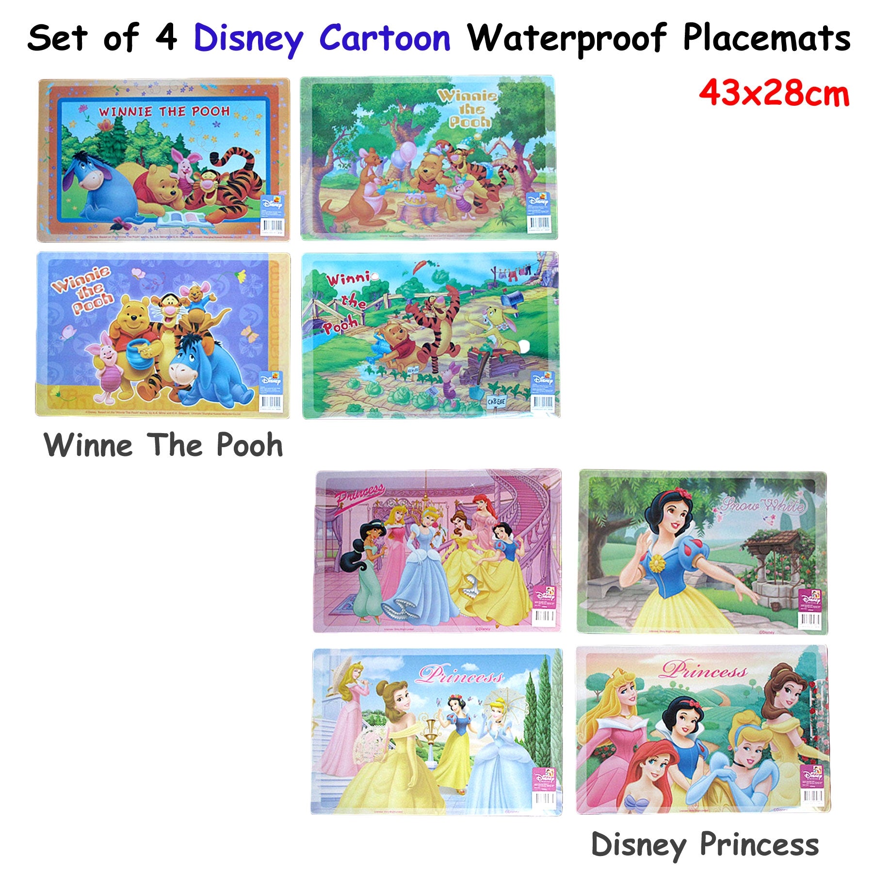 Set of 4 Disney Cartoon Waterproof Placemats Winnie The Pooh