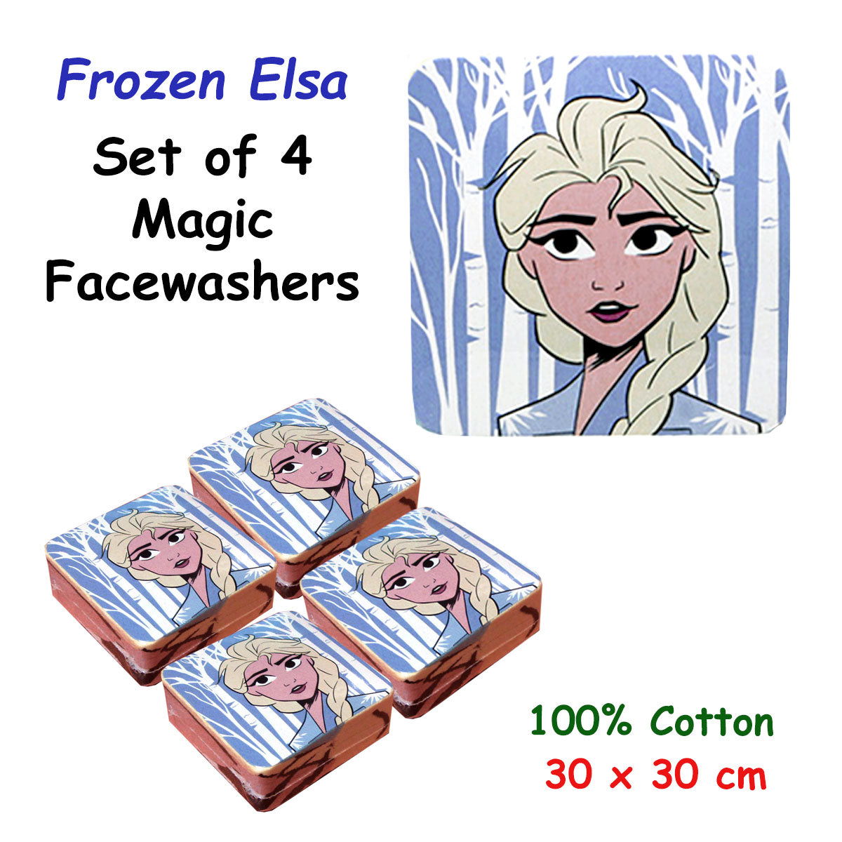 Frozen Elsa Set of 4 Cotton Licensed Magic Facewashers 30 x 30 cm