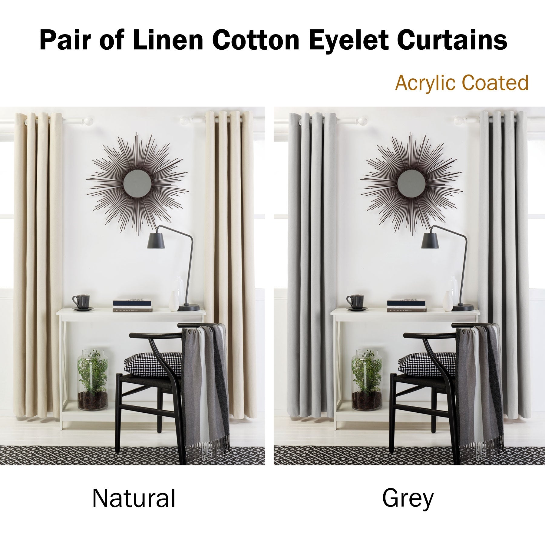 Pair of Linen Cotton Coated Eyelet Curtains Grey 140 x 213cm