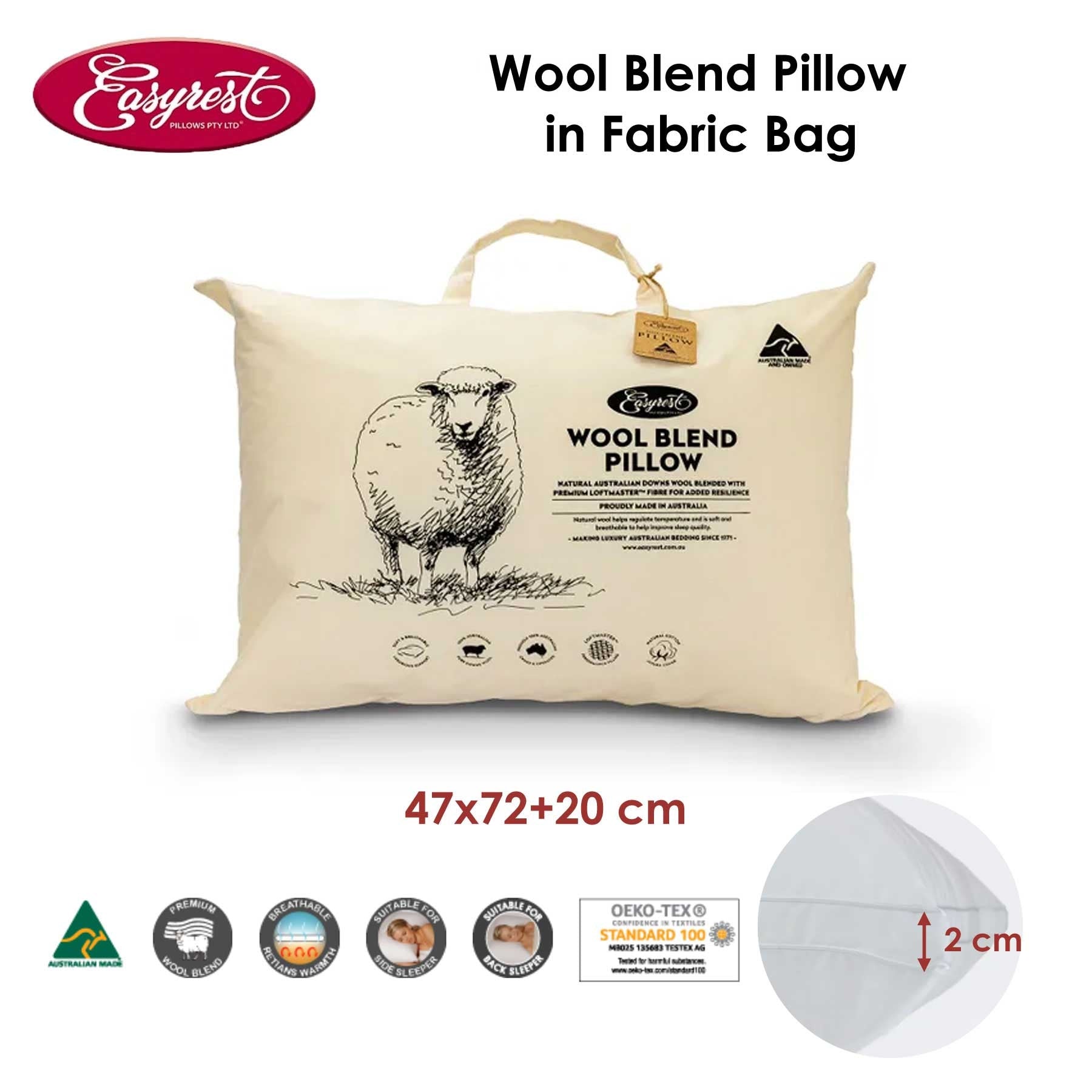 Wool Blend Standard Pillow in Fabric Bag 47 x 72 + 20 cm