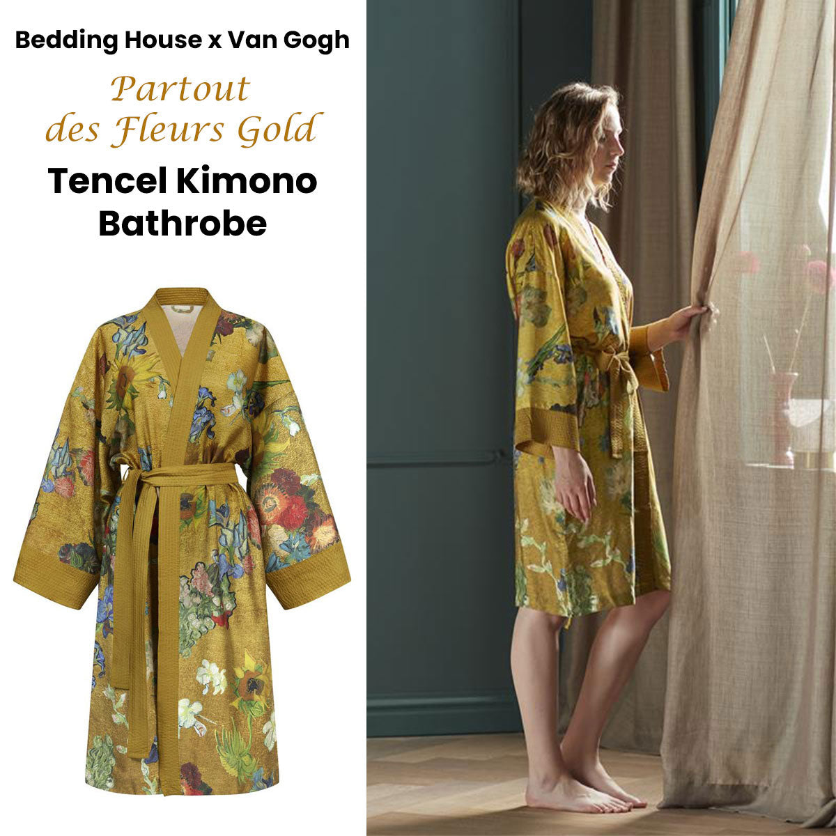 Van Gogh Partout des Fleurs Gold Kimono Bath Robe Small/Medium