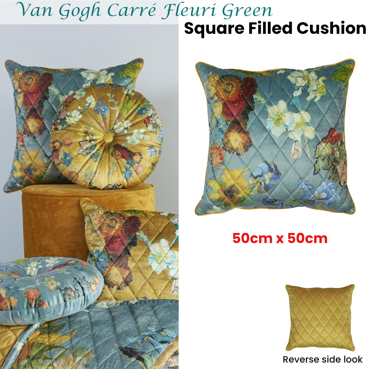 Van Gogh Carre Fleuri Green Square Filled Cushion 50cm x 50cm