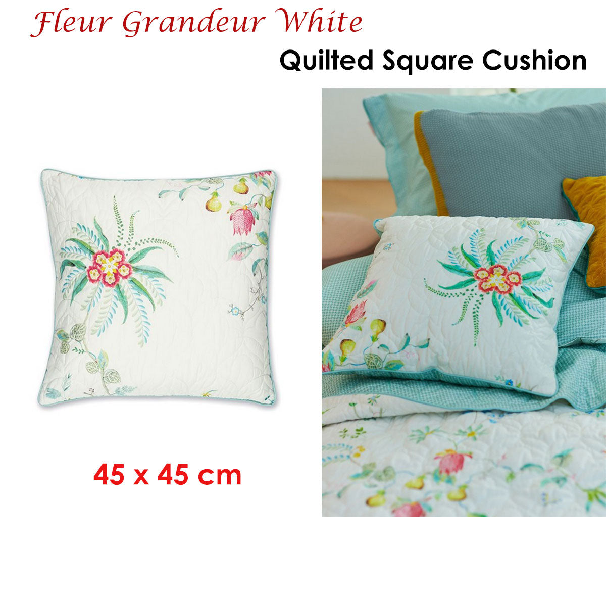 Fleur Grandeur White Quilted Square Cushion