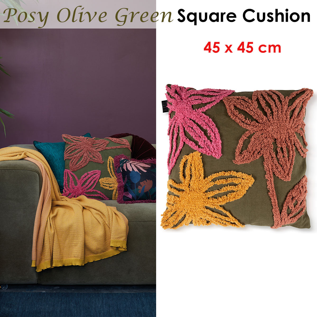 Posy Olive Green Filled Square Cushion