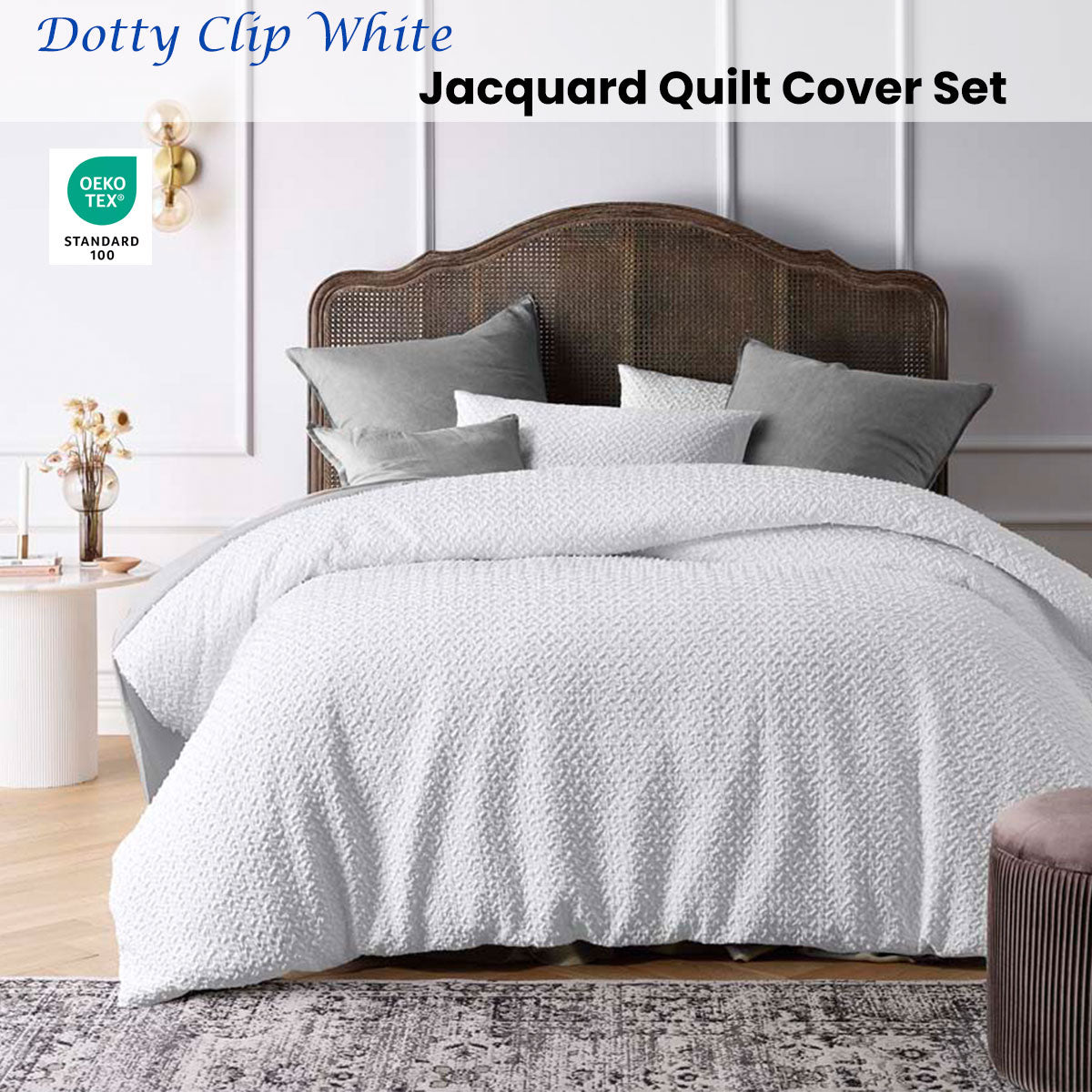 Dotty Clip White Jacquard Quilt Cover Set Queen