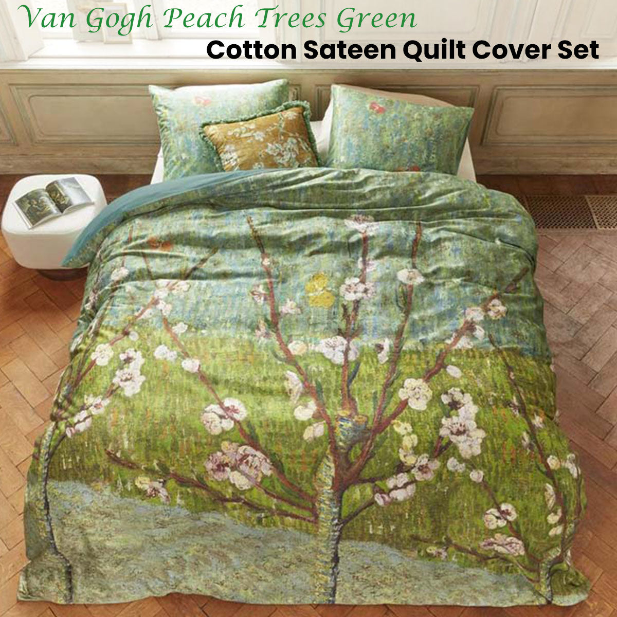 Van Gogh Peach Trees Green Cotton Sateen Quilt Cover Set King
