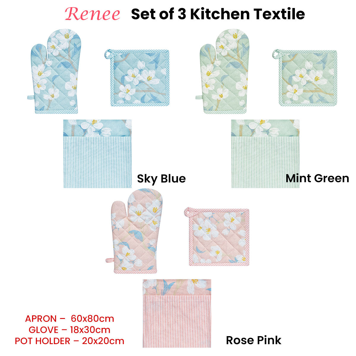 Set of 3 Renee Cotton Cover Kitchen Textile Rose Pink