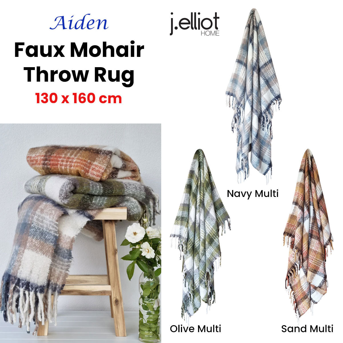 Aiden Sand Multi Faux Mohair Throw Rug with Fringe 130 x 160cm