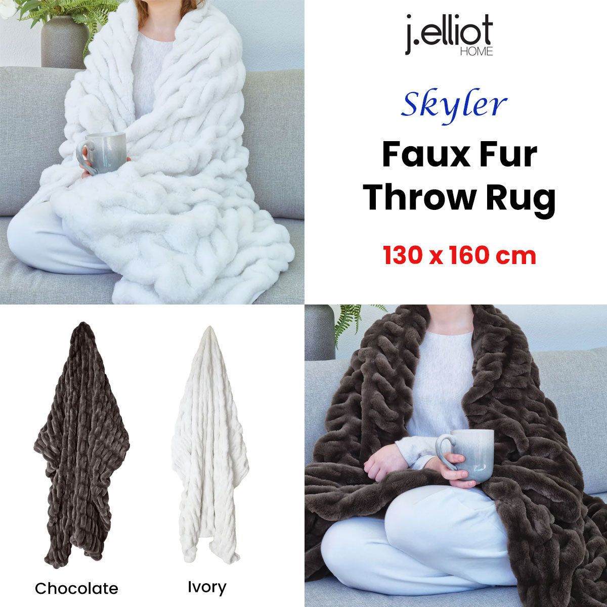 Skyler Ivory Faux Fur Throw Rug 130 x 160cm