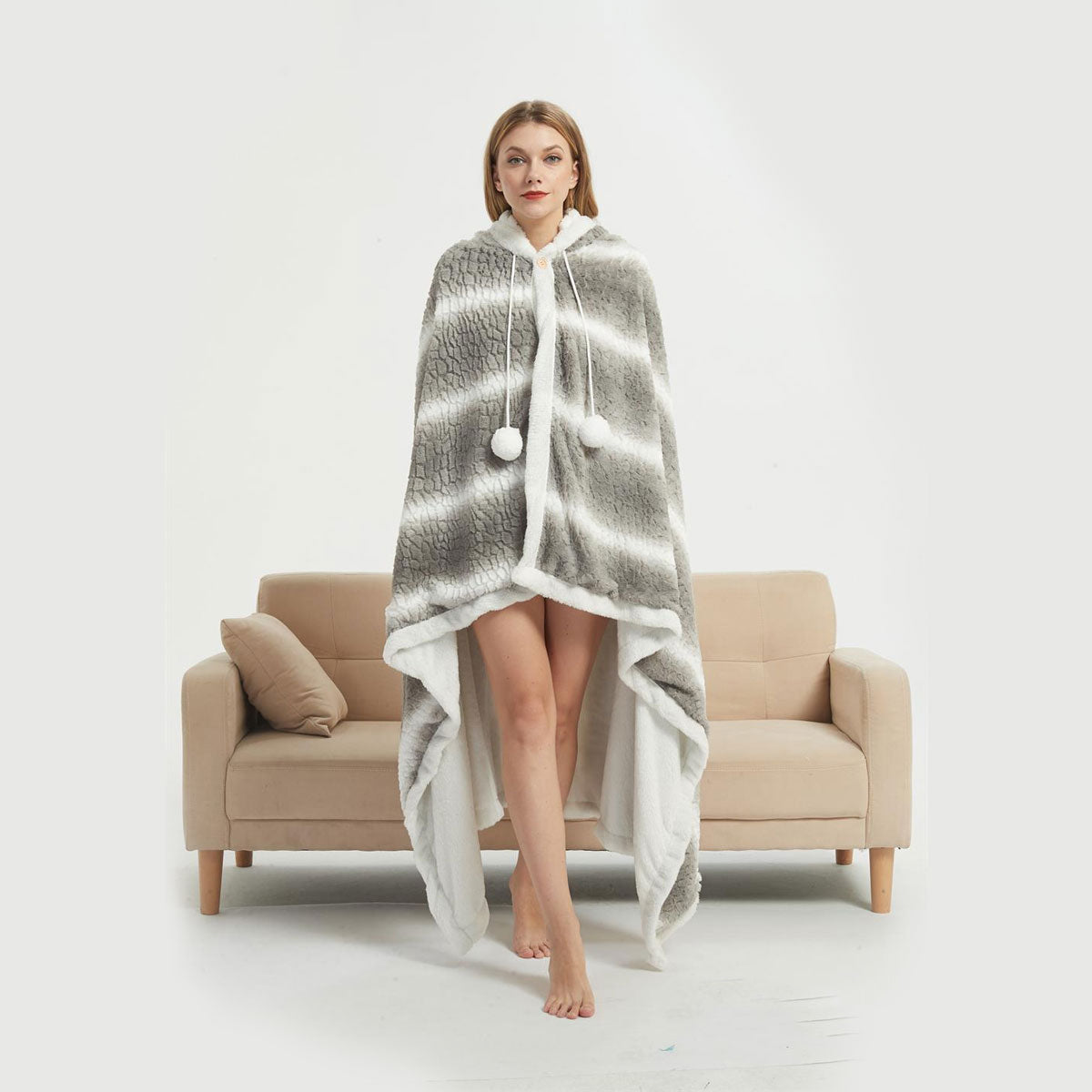 Faux Fur Hooded Robe Grey White Stripe