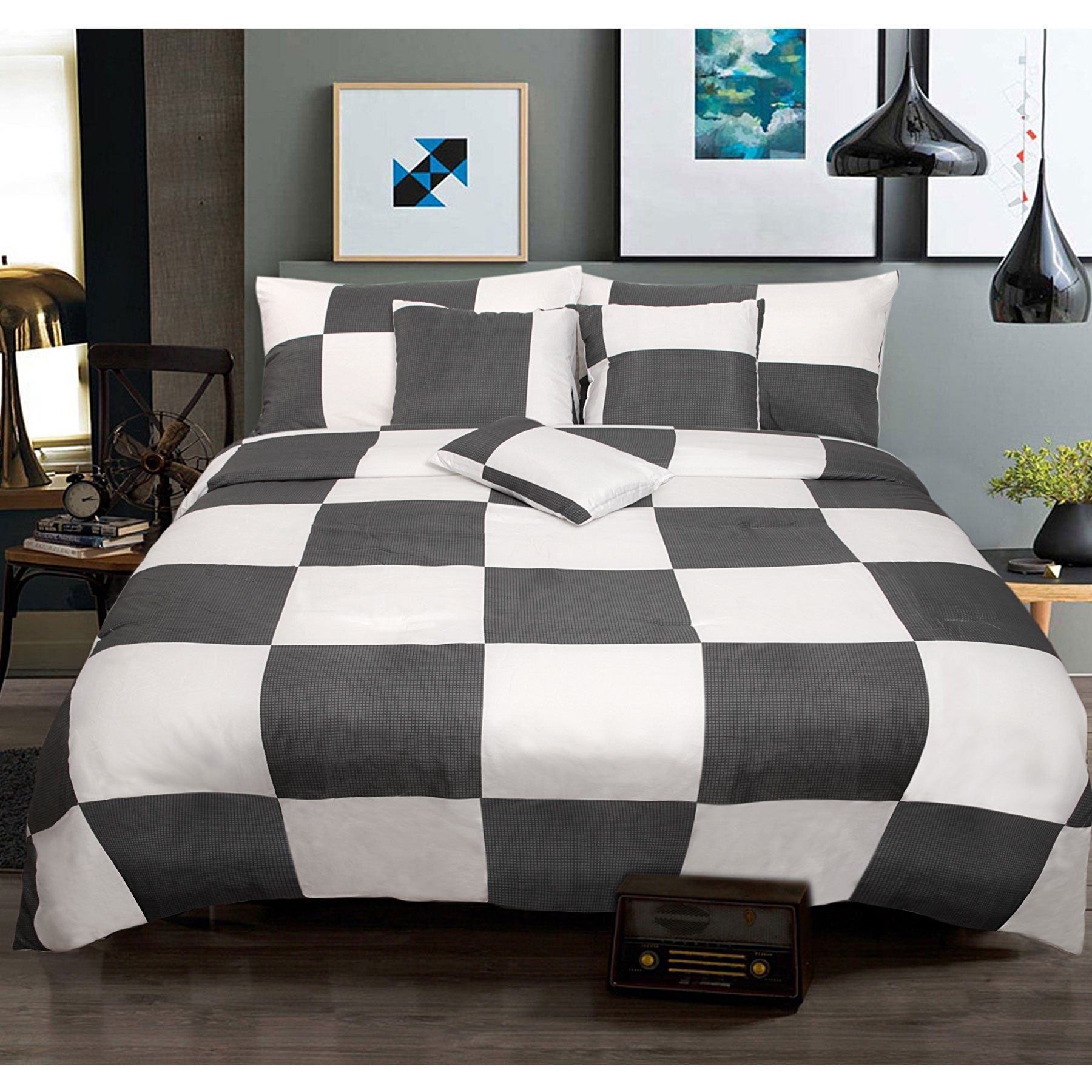 6 Piece Comforter Set Check Charcoal Queen