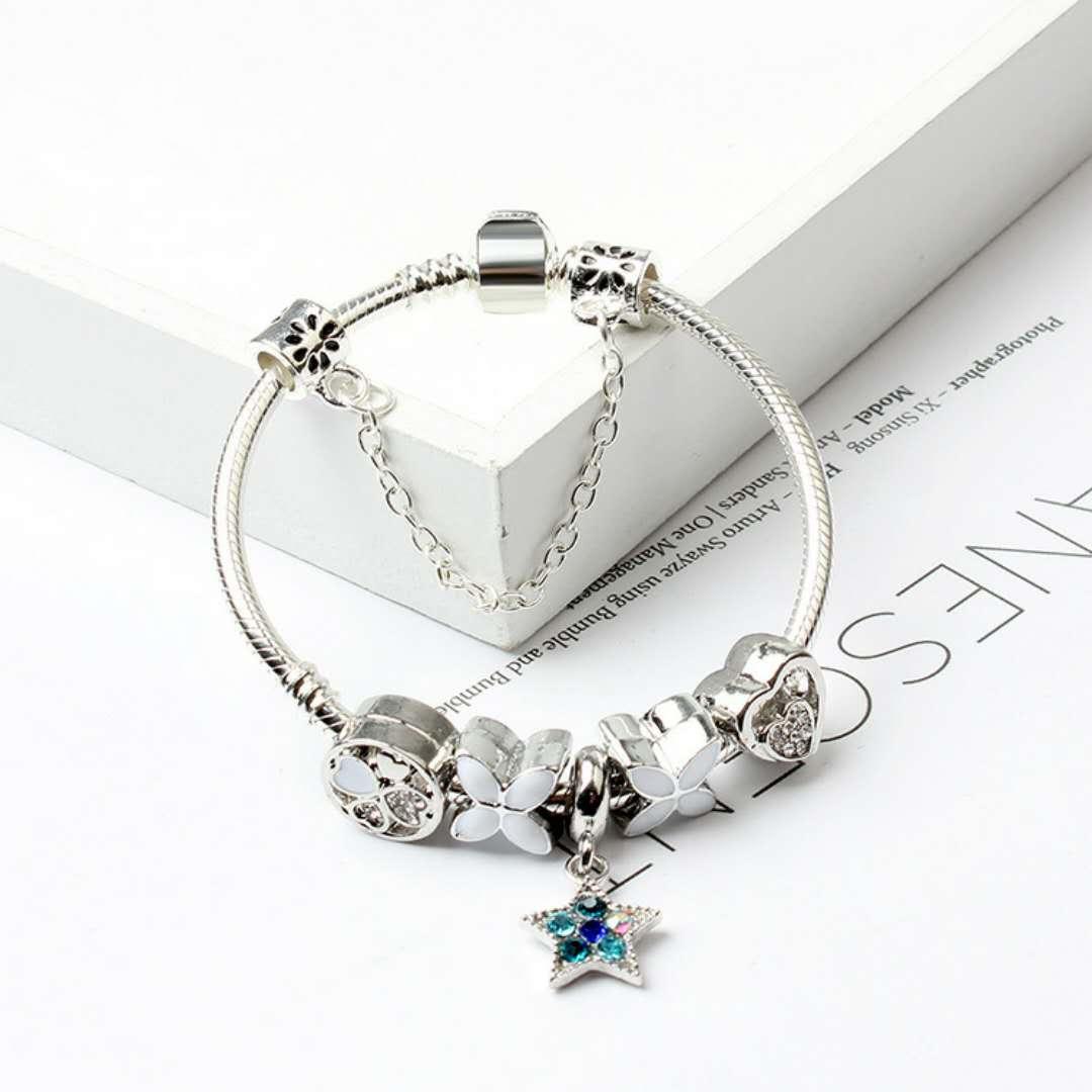 Women Silver Plated Bracelet Snake Chain with Classic Bead Barrel Clasp and Blue Star Pendant(19cm)